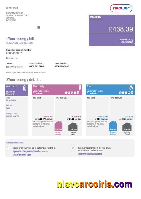 United Kingdom Npower business utility bill